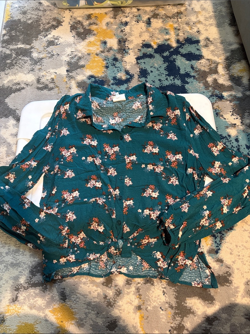 Floral Button-Front Teal Women's Shirt
